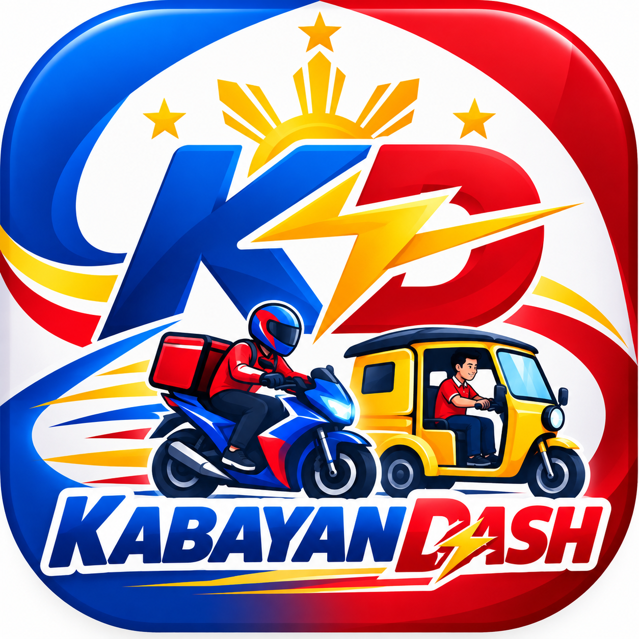 KabayanDash app icon with blue and red KD lettering, a motorcycle rider, and a yellow motorcab.