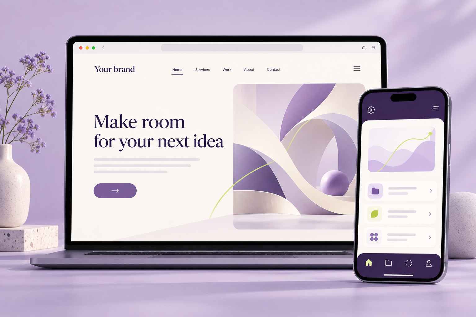 Illustrative concept of a coordinated business website and mobile app in purple and ivory.