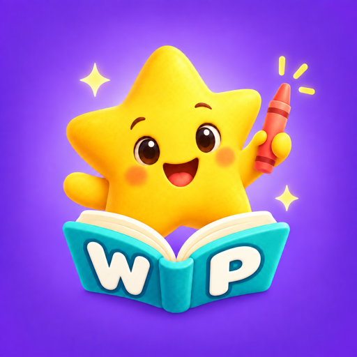 WonderPlay app icon showing a smiling yellow star holding a red crayon above a turquoise book marked WP, on a purple background.